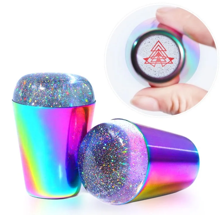 BIN Rainbow Handle Nail Stamper Shiny Holographic Head Silicone Stamper for Nail Art Stamping Plate