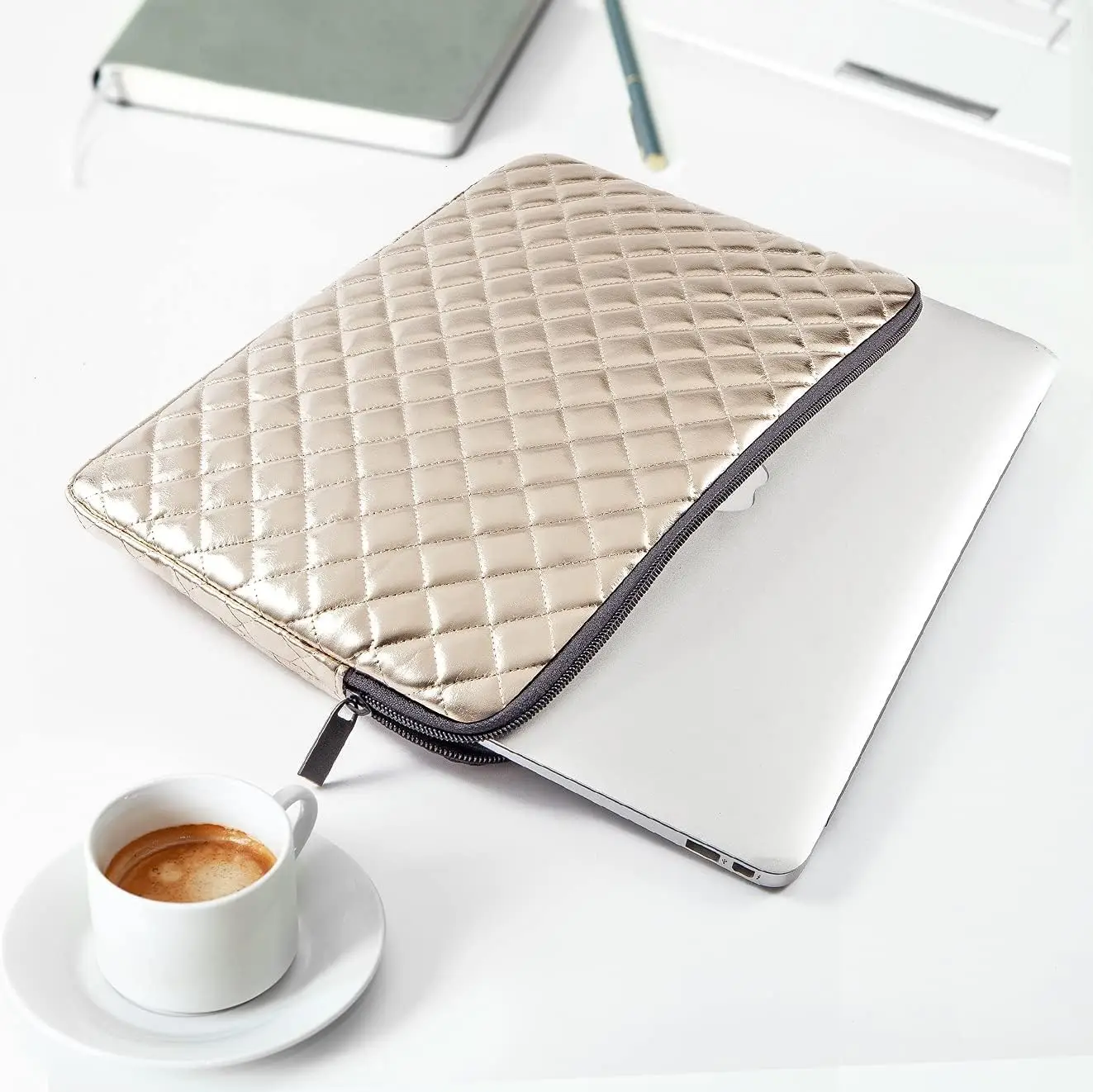 product puffy laptop sleeve for 133 14 15 156 inch protective bag exterior quilted pu leather smooth zipper closure lined padded-31