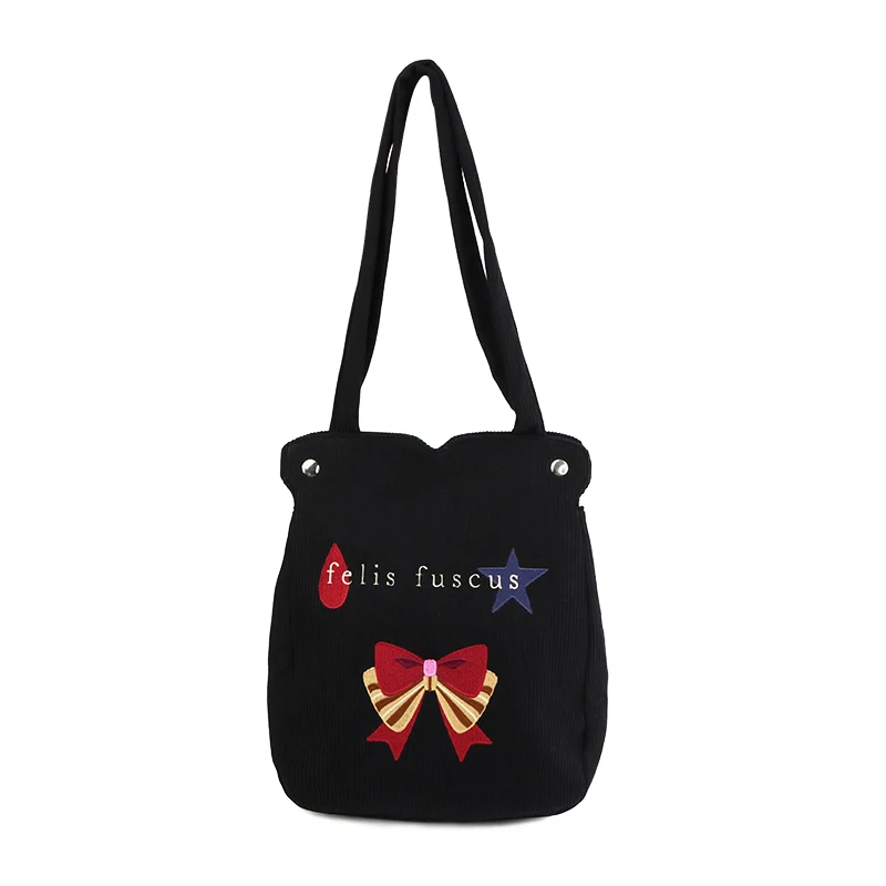 High Quality Custom Logo Eco Friendly Travel Shopping Crossbody Handbag Black Corduroy Shoulder Tote Bag for Women