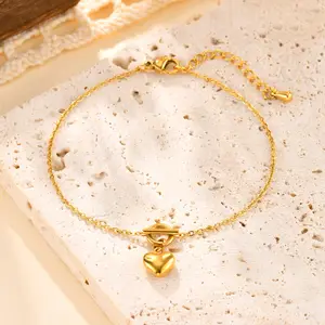 Women Heart-shaped Pendant Bracelets 18k Gold Plated Stainless Steel Chain Non Tarnish Bracelet