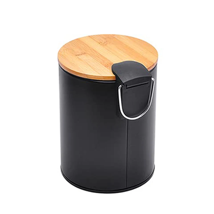 Small 5L Stainless Steel Garbage Bin Bamboo Cover  Kitchen Garbage Unique Bathroom Wooden Trash Can