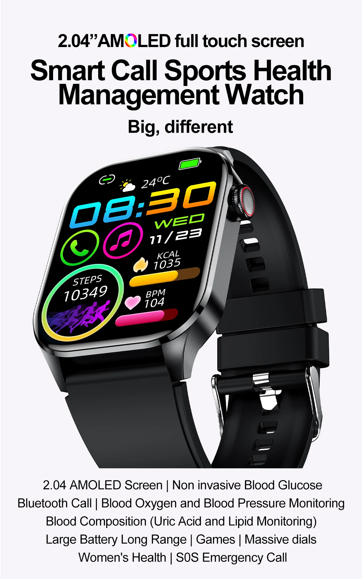 Oem Odm Amoled Smart Watch 2.04 Inch Large Display Men Women Fitness ...