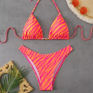 Fashion Stripe Zebra Orange Bright 2 Piece Bikini Summer Beach Swimwear