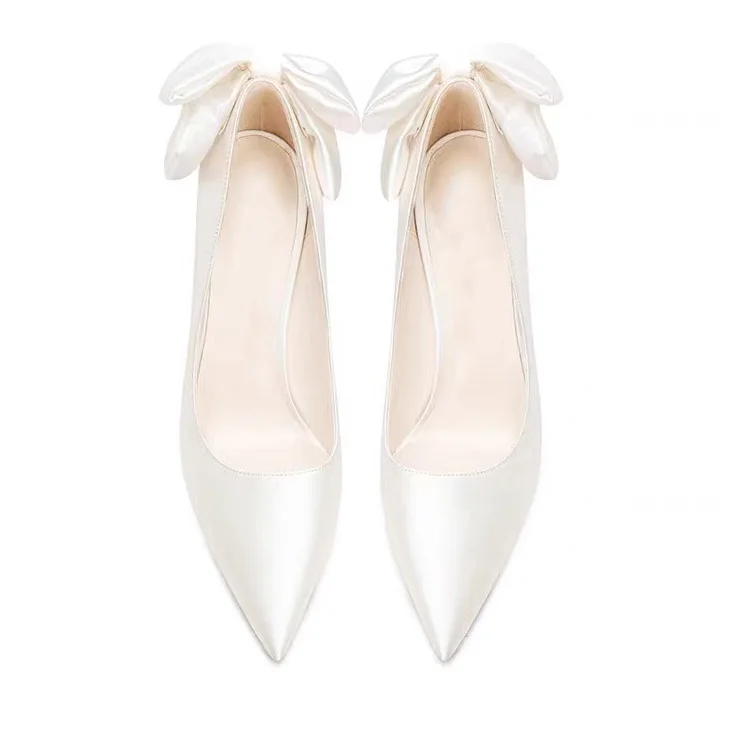 Wedding party branded shoes women autumn bridal shoes high heel white color satin material pointed toe wholesaler price