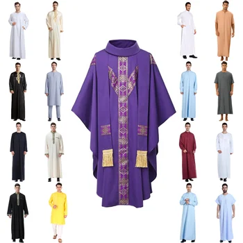 Men's Abaya Muslim Robes Islamic Arabic Kaftan Dubai Robe Belted Eid Long Dress 2024