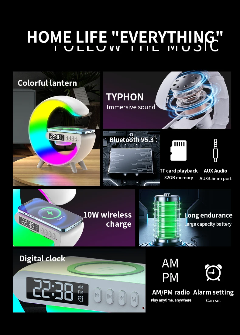 Bluetooth Speaker Atmosphere Table Lamp with Wireless Charger RGB Alarm Clock Ambient LED Night Light