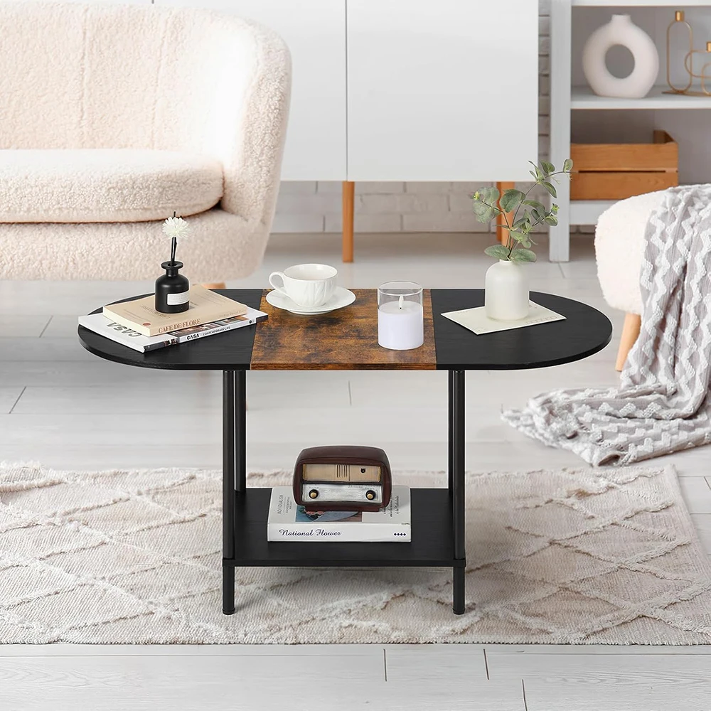product nu deco 2 tier small oval coffee table storage shelf industrial modern style wood tabletop metal frame for living room home-2