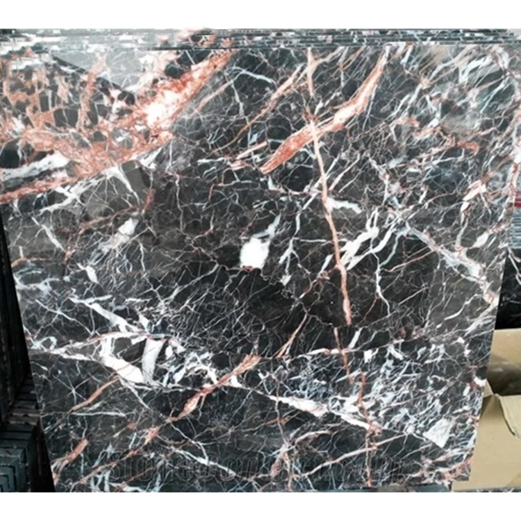 Polished natural stone  Chinese Azalea Red Marble black marble with red vein marble tiles price for decoration