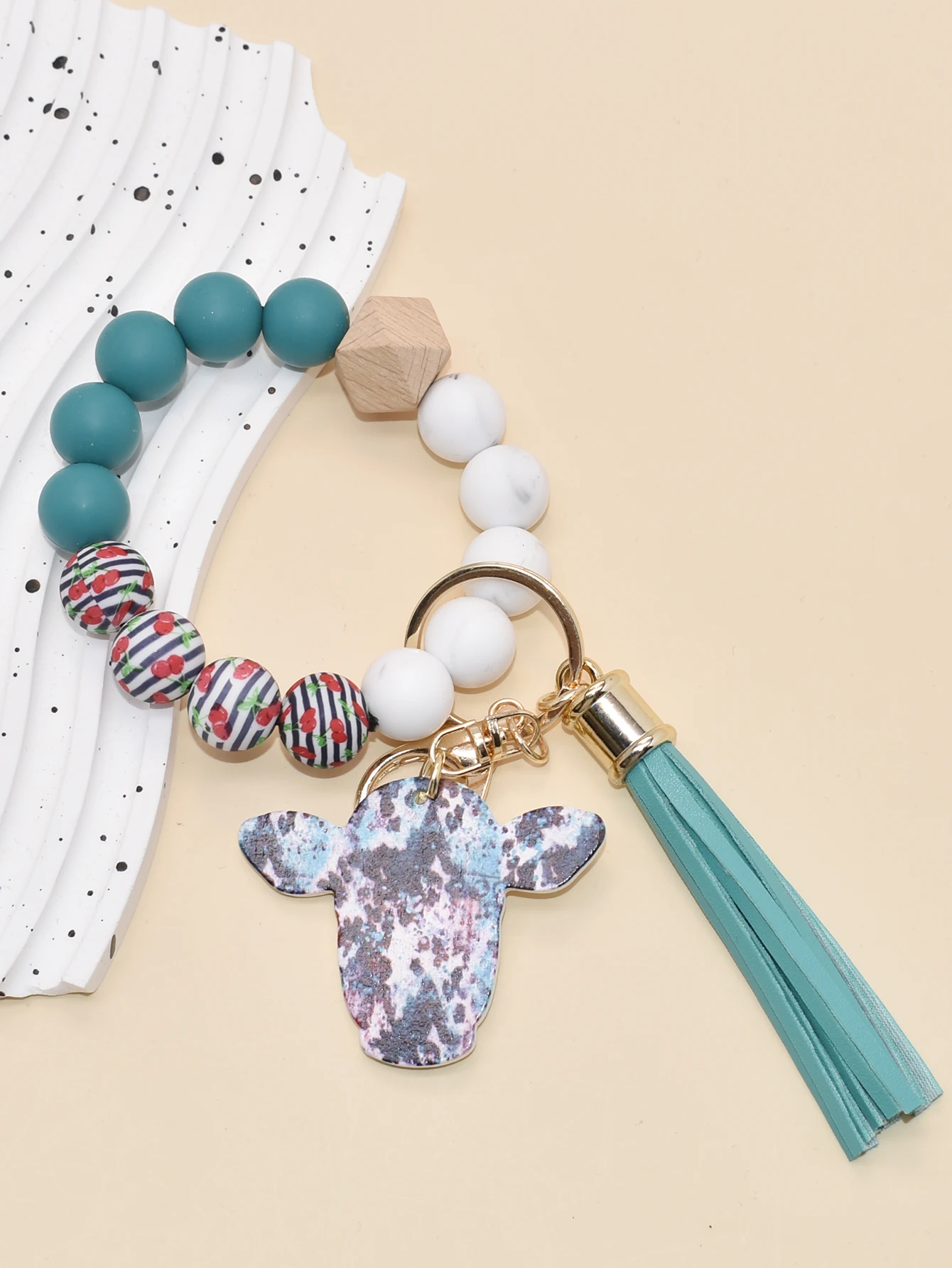 Cherry Pattern Silicone Beads Bracelet with Cow Heads Tassel