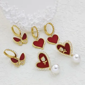 Ilona Fashion Wine Red Heart-shaped butterfly Flower Pearl Earrings 14k Gold Plated Small Rice Bead Huggie Earring for Christmas