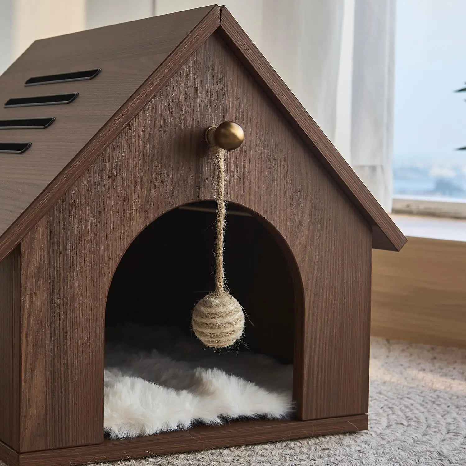 Hot Sales Modern House Cave Bed Wood Furniture Condo with Hanging Ball Toy and Plush Mat for Indoor Cat 3