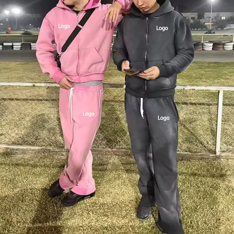 Custom Vintage Jogging Set Zip up Acid Wash Tracksuit Sweat Suit