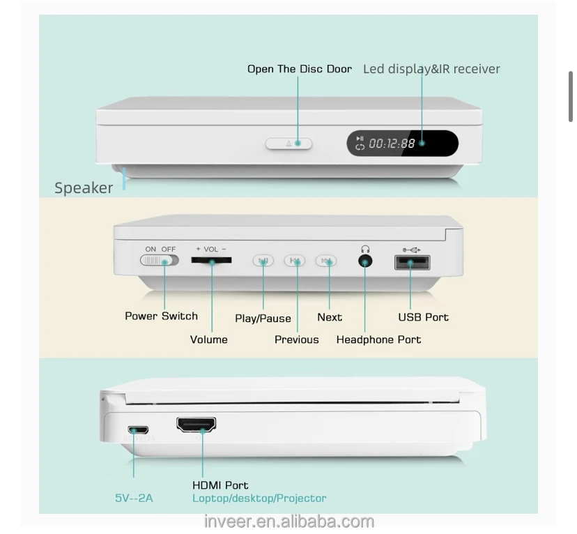 Inveer  Blue Tooth Transmitter Function with Speaker  Portable CD DVD Player  With HD Output M3B