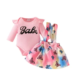2023 Autumn Newborn Baby Girl Clothing Letter Long Sleeve Romper Butterfly Unicorn Suspenders Dress 3Pcs Infant Clothes Set