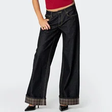 Women's Y2K Streetwear Denim Pants Plaid Cuff Back Pocket Raw Denim Jeans Indigo Wide Leg Baggy Jeans