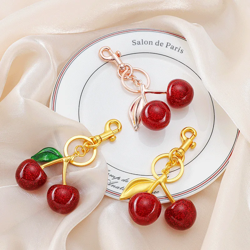 Cute Strawberry Cherry Heart Keychain Fashionable Red Bag Charms Keyring Purse Backpack Car Accessories for Women Girls Gift