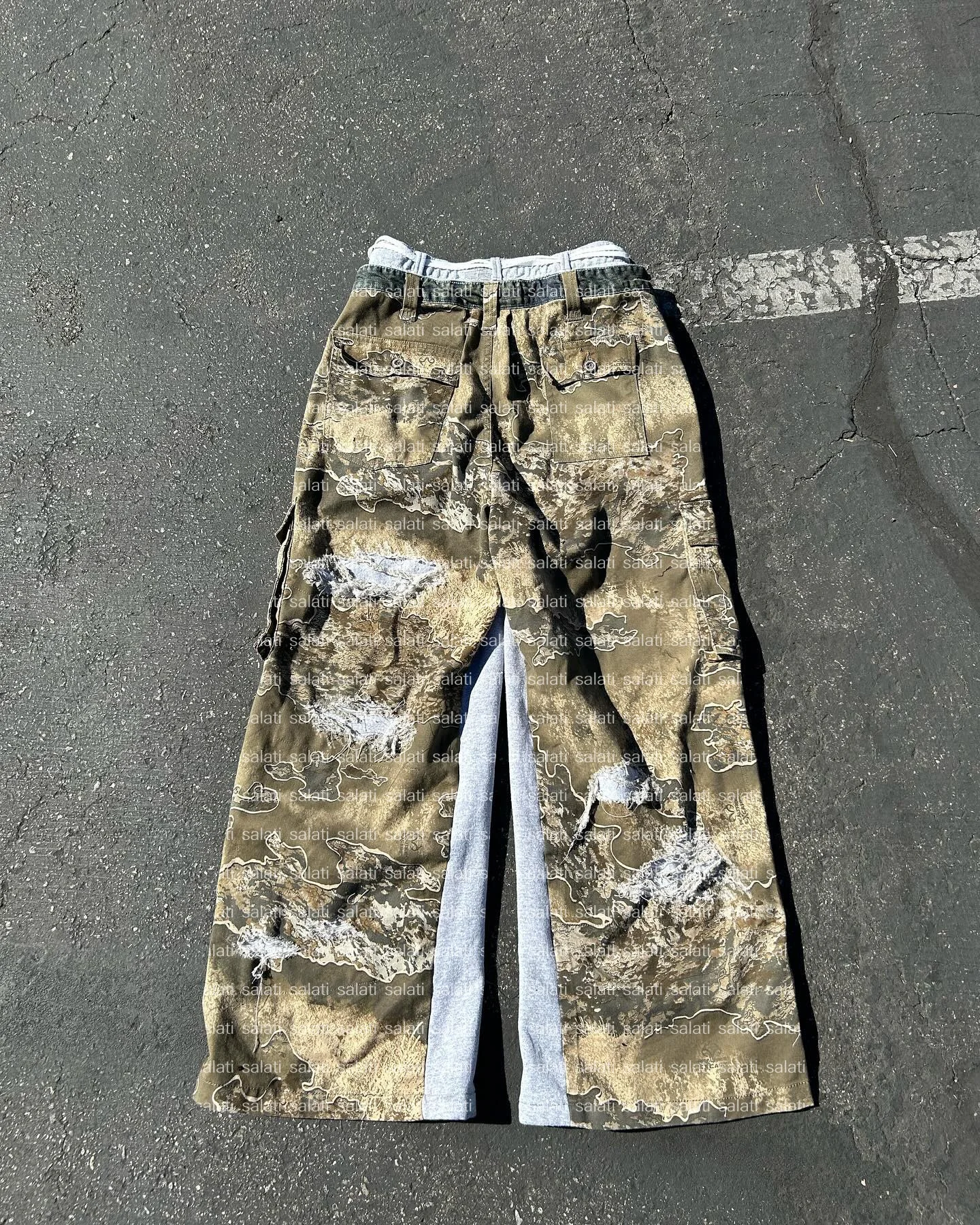 Double Waist Layer Flared Sweatpants Frayed Custom Patchwork Wide Leg Cotton Baggy Fit Sweat Trousers Cotton Camo Cargo Pant Men gallery 3