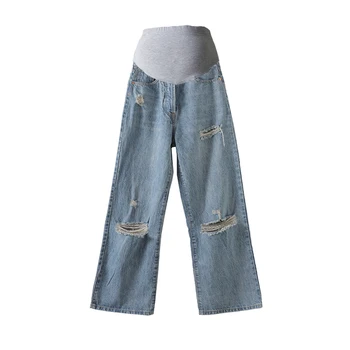 Busy Cowboys Fashion Skinny Abdomen Jeans for Pregnant Women Washed with Broken Hole Casual Pregnant Women's Pants
