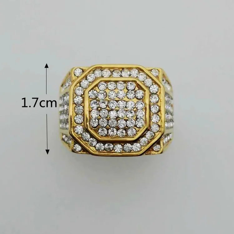 Hot Selling Style 316 Stainless Steel Titanium Steel Gold Plated Full Diamond Luxury Hiphop Men'S Ring
