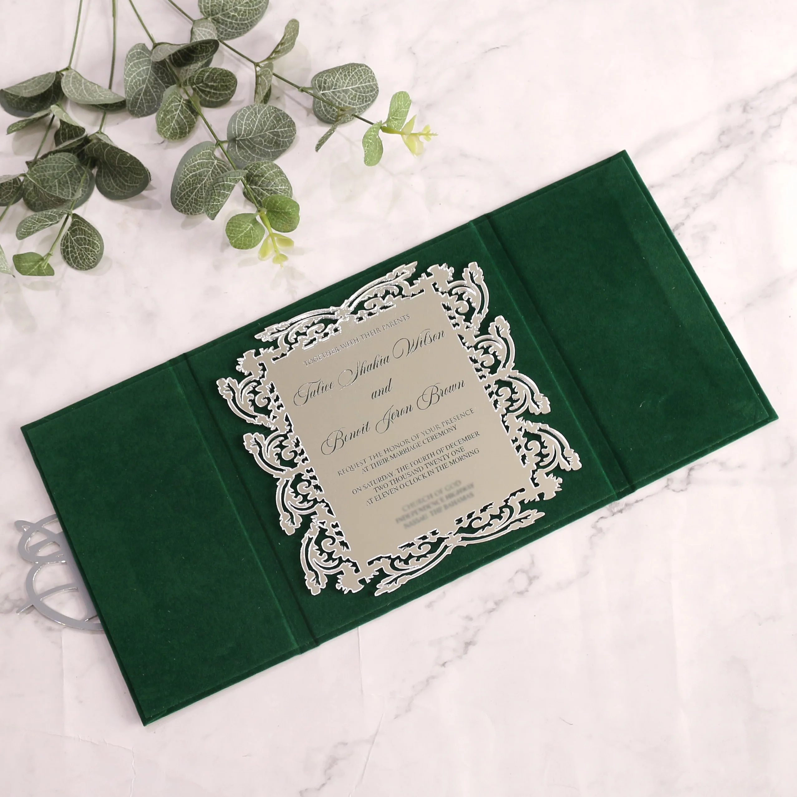 Custom Funny Folio Dark Green Velvet Hardcover Wedding Invitation Handmade  Luxury Silver Mirror Invitation Cards, image size:2556x2556