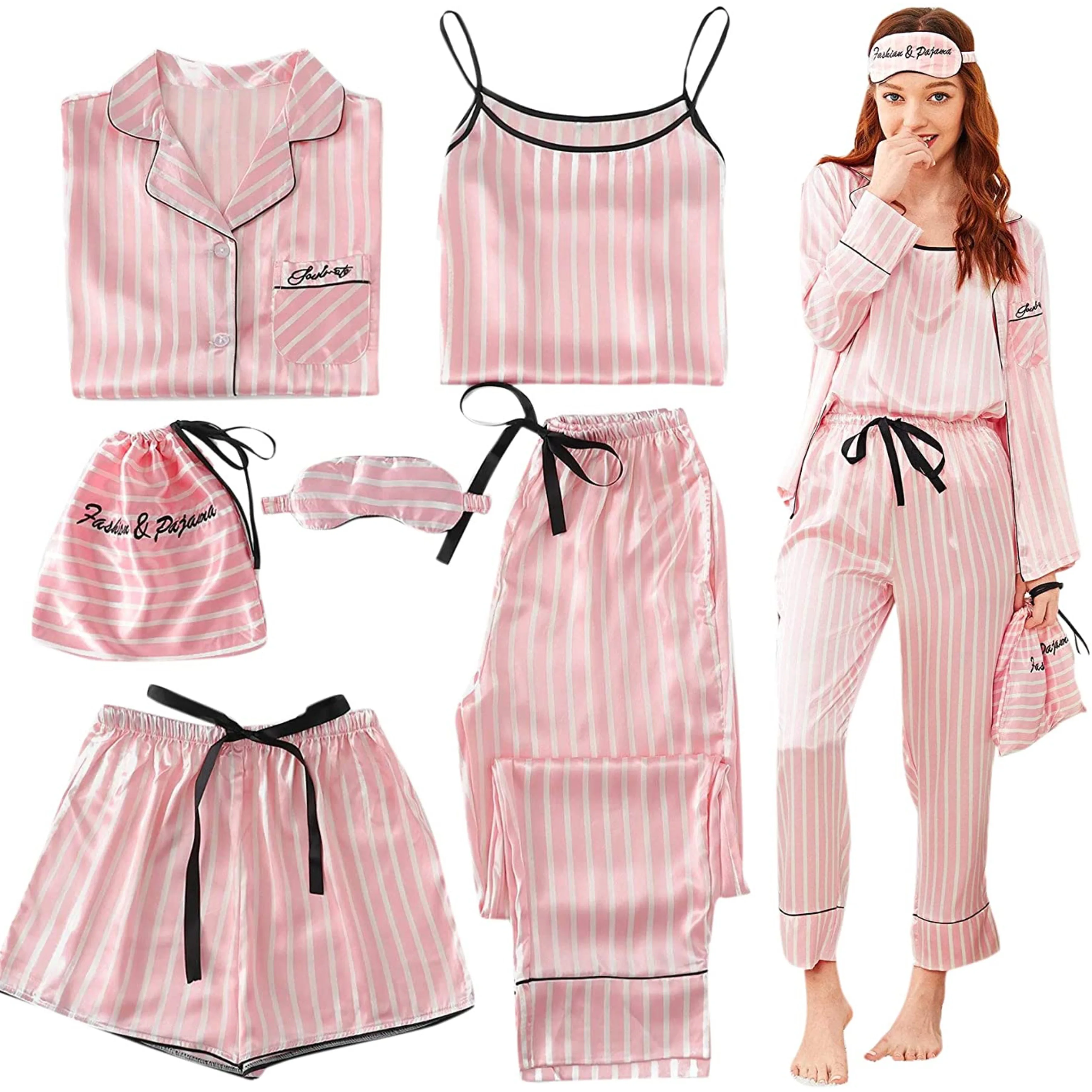 7PCS Womens Silk Satin Pajama suit Sleepwear soft Long sleeves Nightwear Set