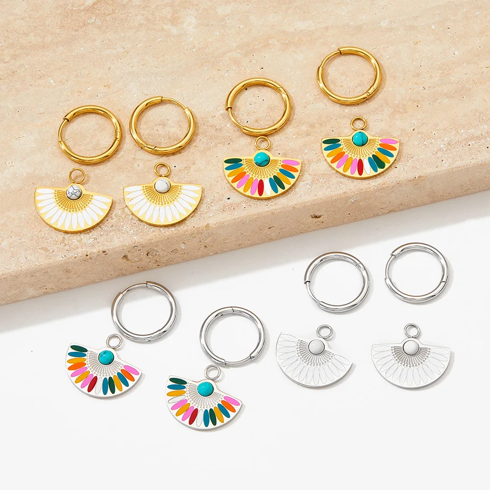 New Designer Bohemia Colorful Enamel Fan Charm Pendant  Gold Plated Stainless Steel Hoop Enamel Earrings