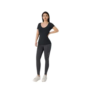 Women Gym Sport Ladies Black T-Shirt Breathable Slim Fit Women's Short Sleeve Yoga Wear Tops with Logo Decoration
