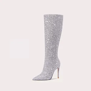 Custom Pointed Toe Chunky Heel Metallic Sequins Glitter Knee-high Boots Women Shoes Long Boots for Lady