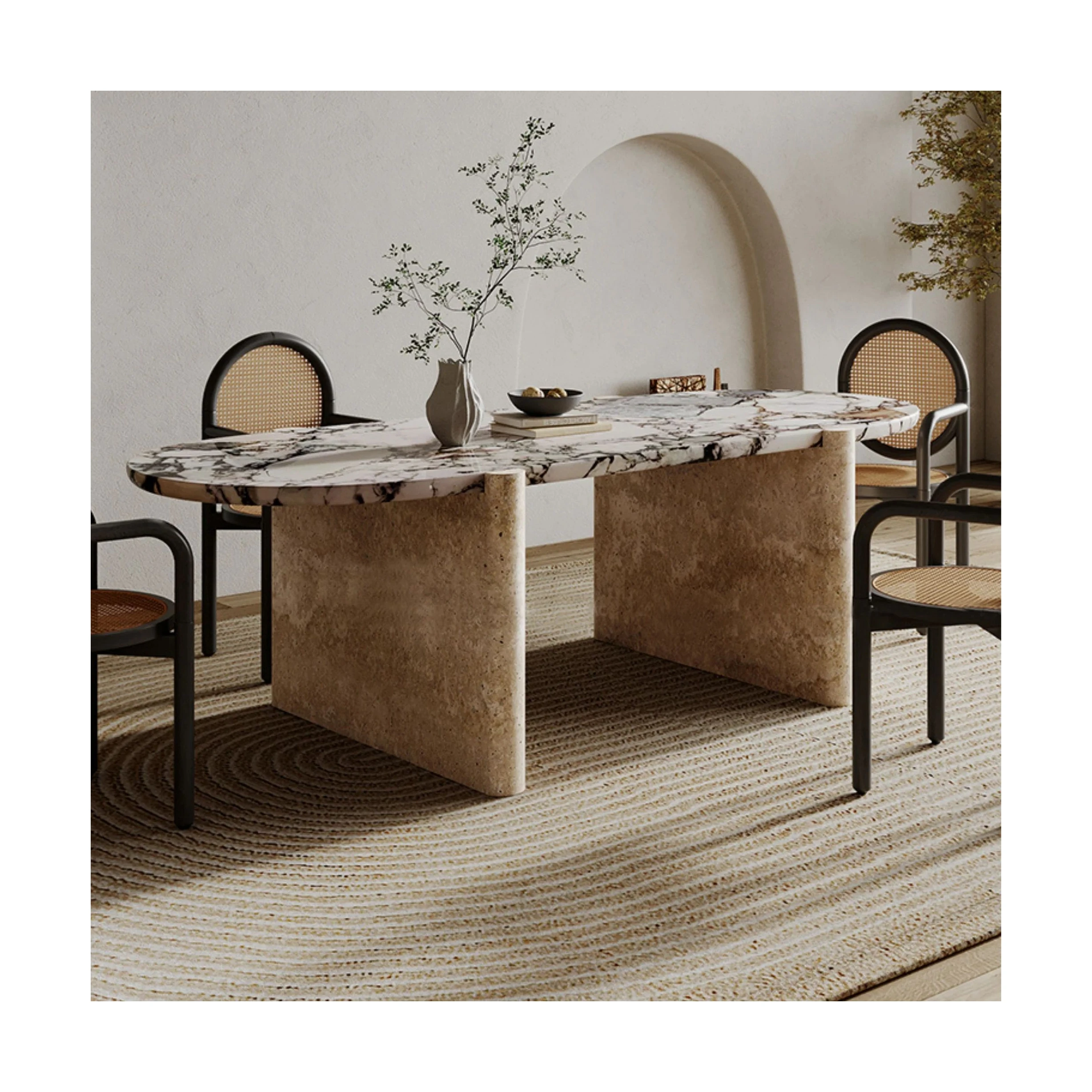 SHIHUI Customized Luxury Dining Room Furniture Modern Natural Oval Marble Travertine Dining Table 6 Seater 333005