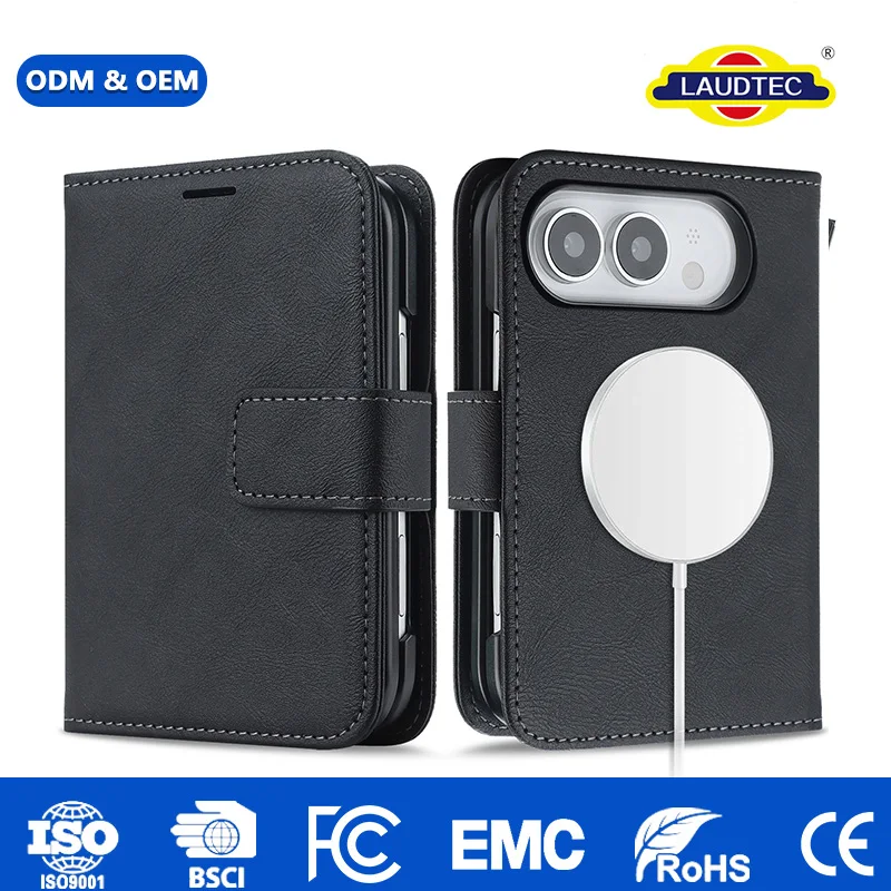 OEM ODM for iPhone Duo Wallet Case, PU Leather Foldable RFID Blocking Cover with Magnetic Charging, 360° Drop Proof Anti-Scratch