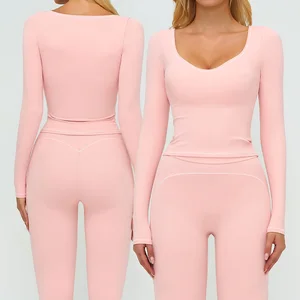 Roregal Women Long Sleeve V Neck Crop Top Brushed Fabric Female Workout Outfit Fitness Gym Yoga Top With Chest Pad