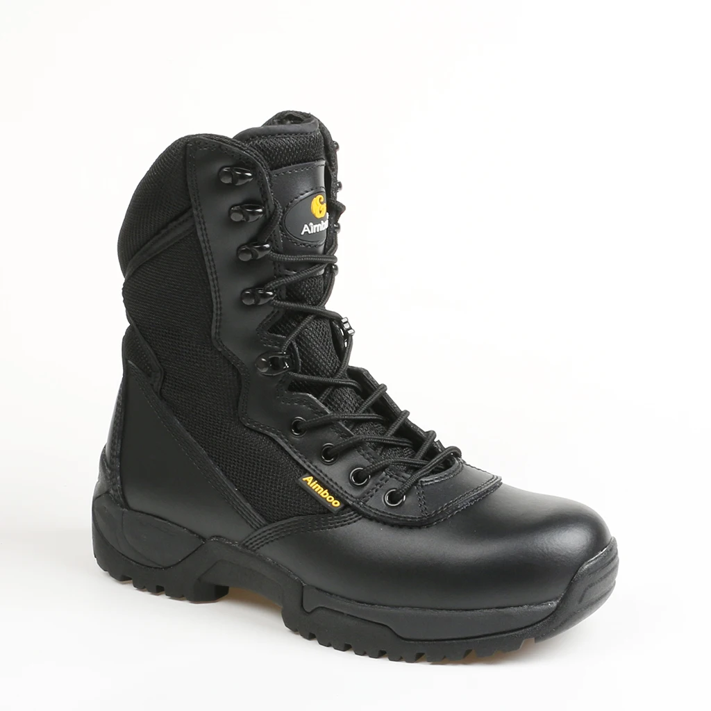 Aimboo Factory Directly Zip Inside Military Boots Black Genuine Leather Police Boots Outdoor Army Boots Rubber Mid-calf EVA