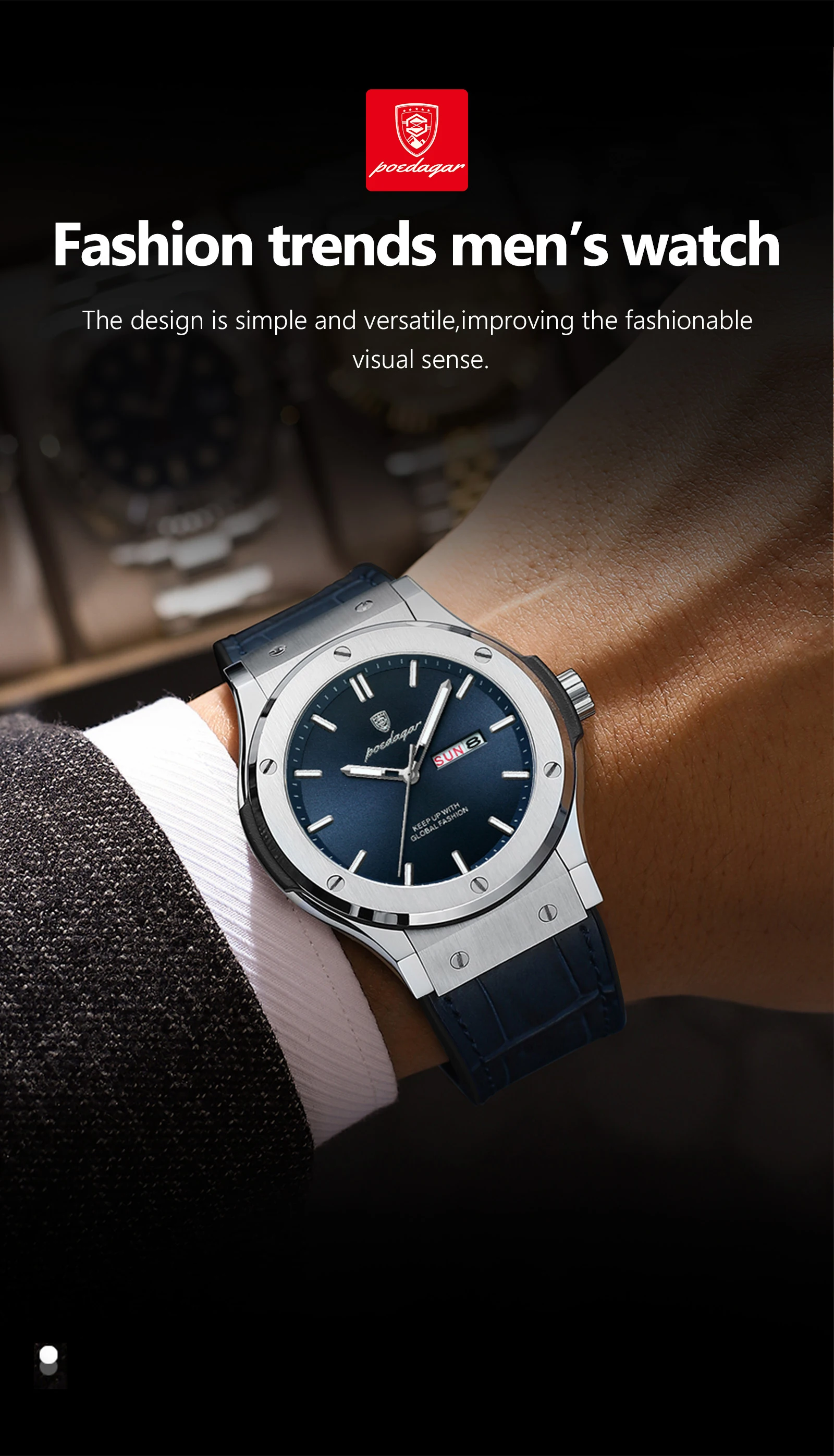 POEDAGAR 952 Luxury Quartz Watch 30M Deep Waterproof Luminous Hands Reloj Men's Wristwatch Business Leather Strap Men Watches