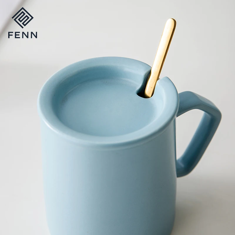 product fenn home office used blue color unique handle porcelain mug 350ml matte glaze ceramic coffee water mugs cups with lid-63