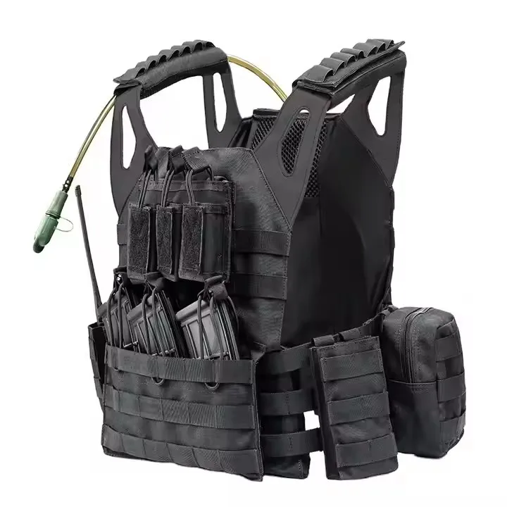 Black Leather Shoulder Molle Pouches Plate Carrier Training Tactical Vest with Water Bag 3