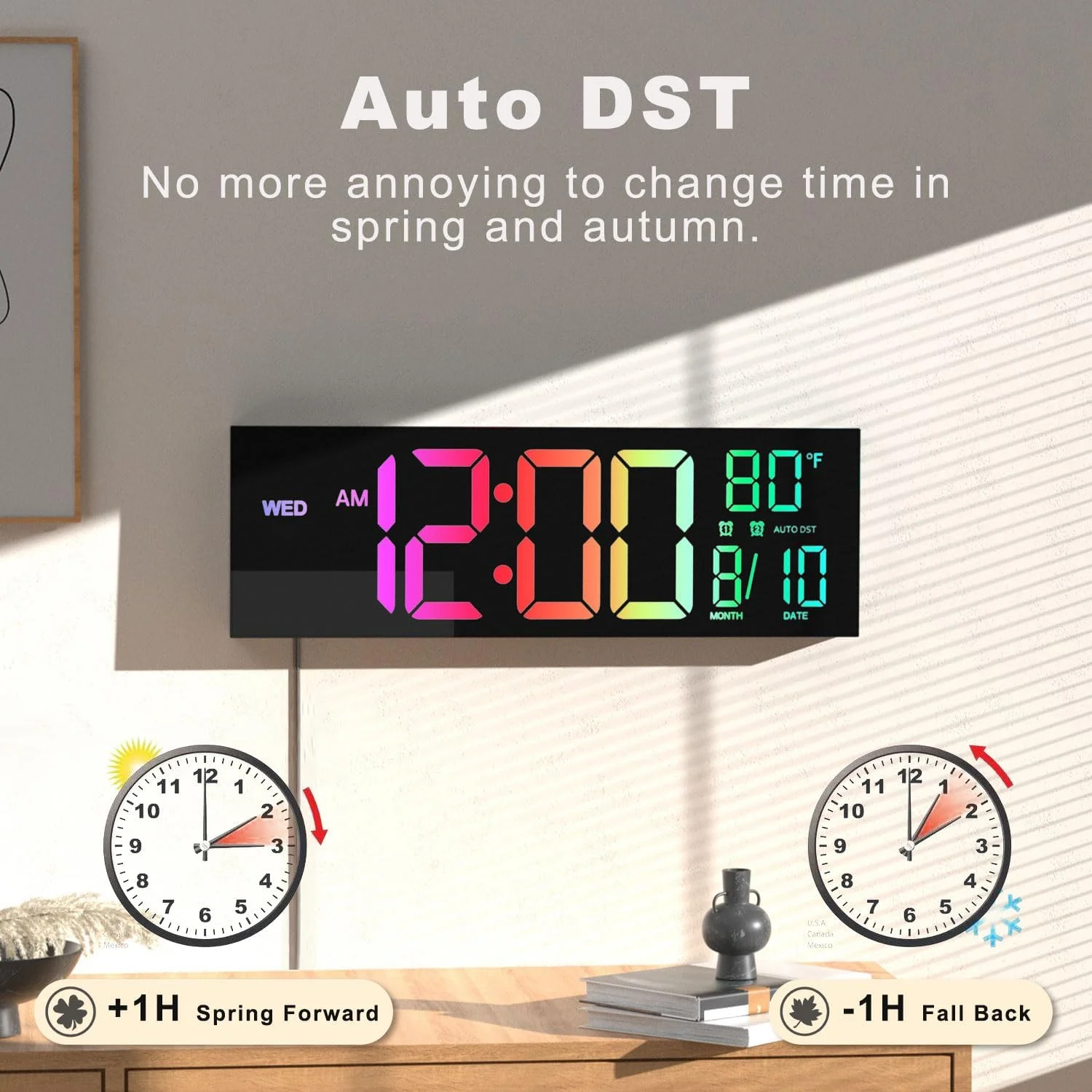 Large 16-inch LED digital clock, remote control, adjustable brightness, temperature and humidity display, ABS for living room