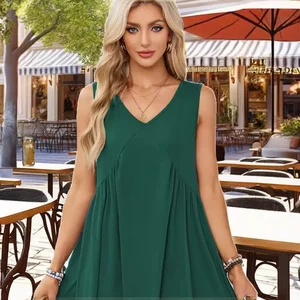 Women's Summer Casual Loose Ruched V Neck Sleeveless Mini Sundress Cute Short Babydoll Girls Dress Worested Fabric Solid