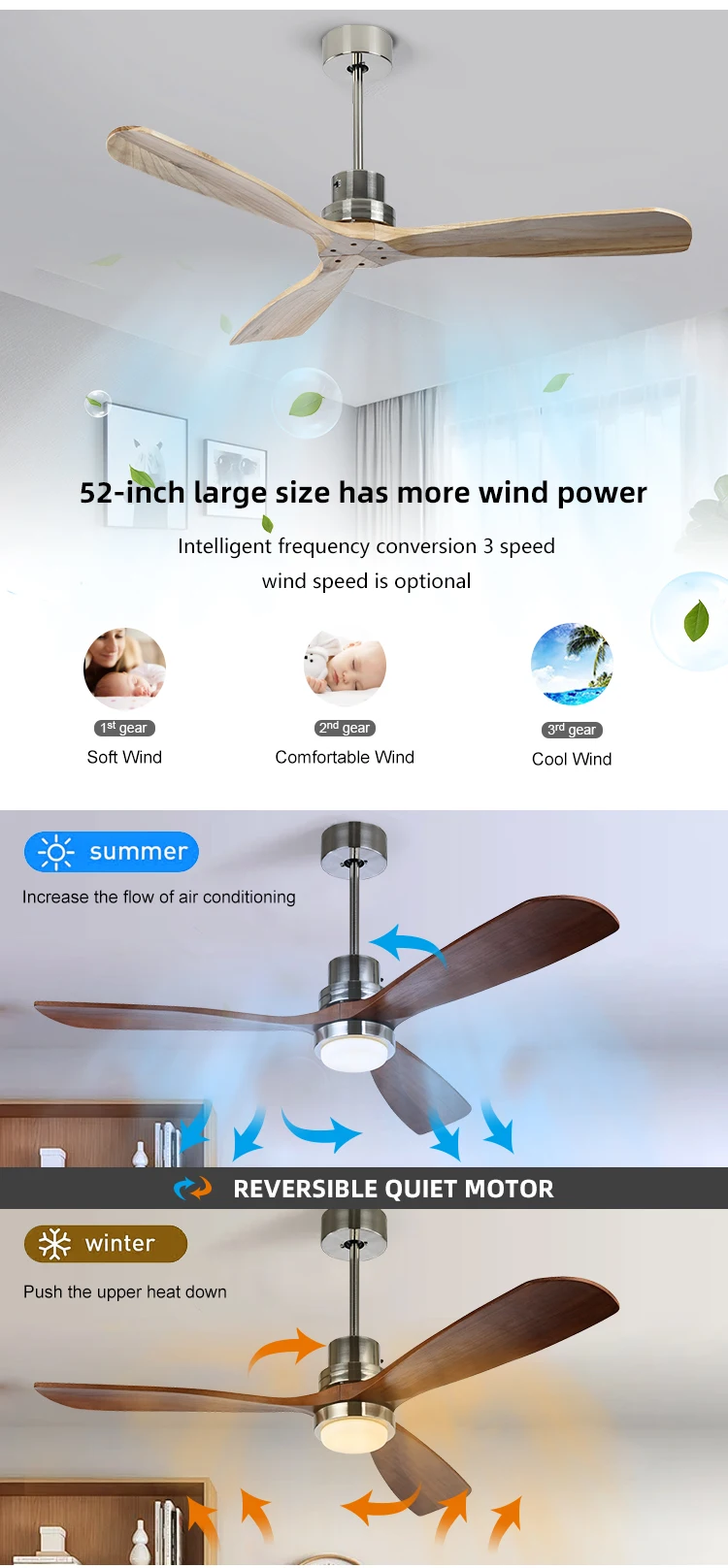 52 Inch Three Blade Solid Wooden Nordic Modern Ac China Led Ceiling Fan With Light