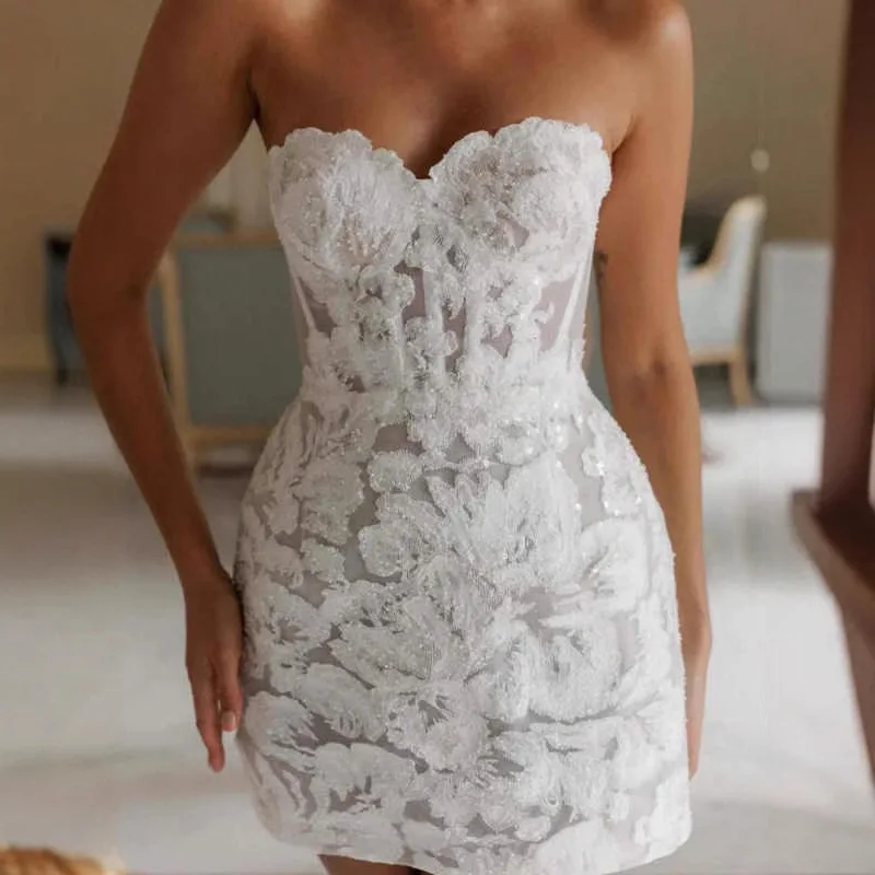 2025 Luxury Handcrafted Pearl Mini Dress French-Inspired Jacquard Lace  Strapless Wedding Gown Slimming Design for Cocktail