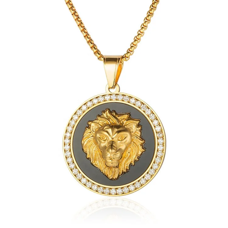 Cool Men Accessory Jewelry 18K Gold Plated Stainless Steel Black Enameled Lion Head Pendant Necklace