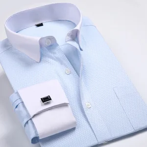 Casual Business Men's Long-Sleeved Slim Shirt for Spring/Summer Plus Size French Cuff with Anti-Wrinkle Twill Fabric