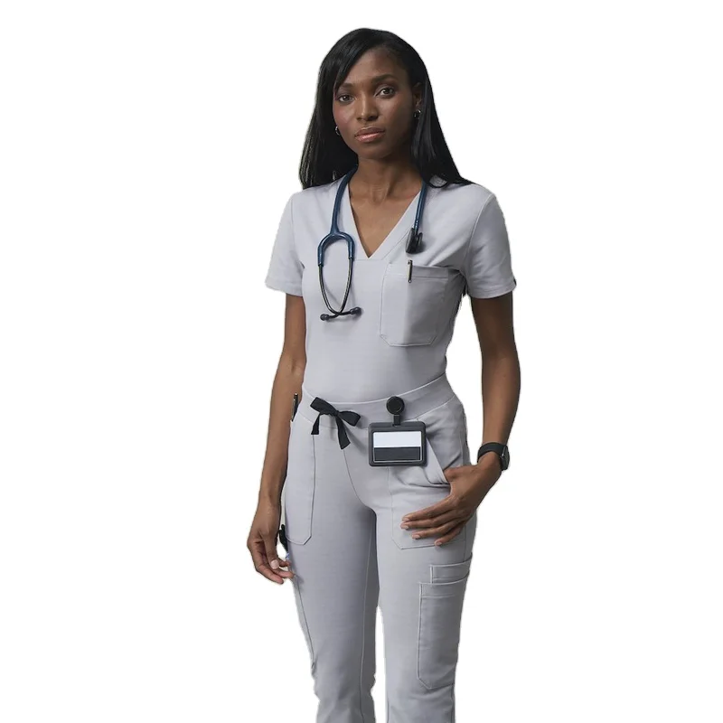 Медицинская форма унисекс, эластичная ткань с 2 карманами, топ и штаны для медсестер из CVC, медицинский набор для скраба