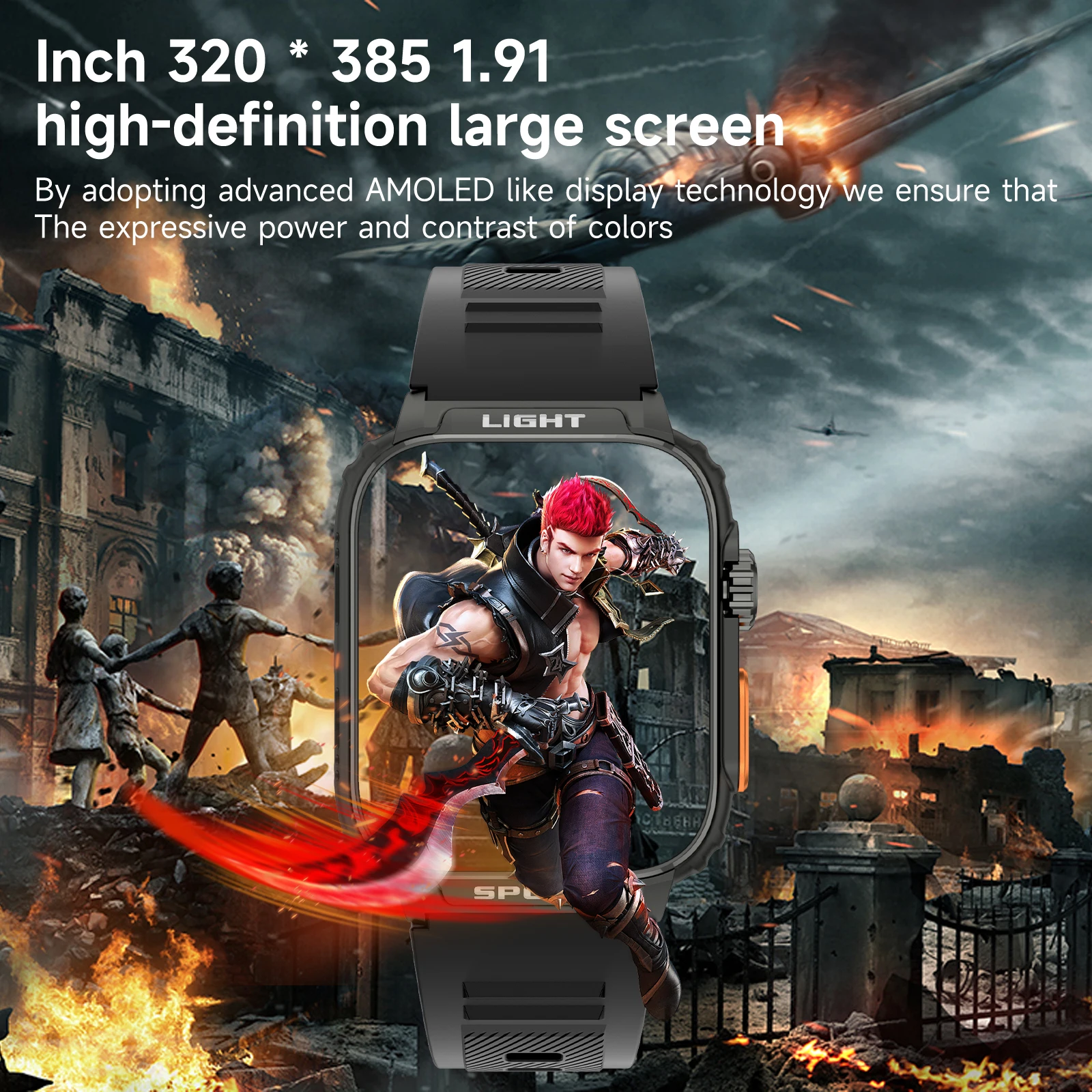1.91 Inch Fashion Smart Watch Torch Android IOS 430mAh Battery Life Call Voice Assistant IP67 GP5 Square Screen for Silicone