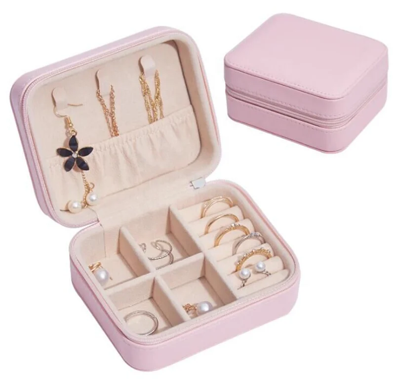 free shipping Custom logo Mini Portabla Travel Leather Jewelry Box Pink Blue White Color