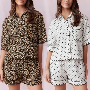 Summer Short Sleeve Sleepwear Pocket Shirt Top Shorts Set Leopard Print Wave Edge Loose Comfortable Breathable Pajama Set Women
