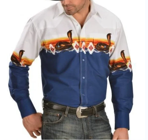 Lässiges Retro-Herren-Langarm-Stehkragenhemd im amerikanischen Western-Denim-Stil, individuell, personalisierbar, bedruckt114_voghion.com