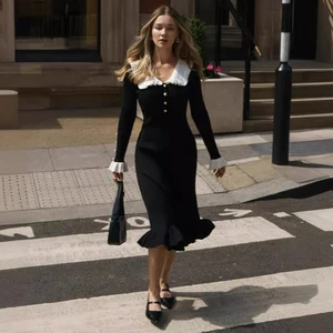 2024 Ruffled Patchwork Knit Maxi Dress Elegant Ribbed Long Sleeve Party Dress Gown Slim Knitwear Fashion Long Dress for Women