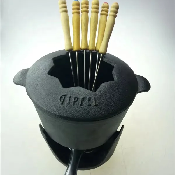 Cast Iron Fondue Set with 6 Forks, Cast Iron Hot Pot Fondue Pot