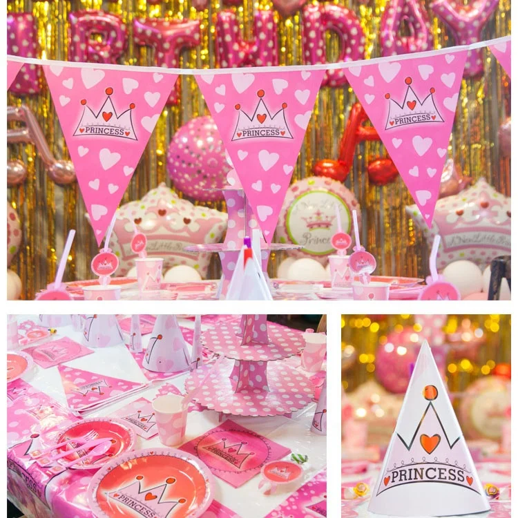 Crown Princess Theme Girl Happy Birthday Party Supplies Pink Flags