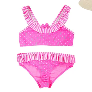 Ruffle Round Neck Print Swimsuit Beachwear for Kids Summer Breathable Custom Two Piece Girls' Swimwear Bathing Suit 3D Flower